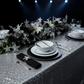 Glitz Sequin Mesh Net Tablecloth  90"x156" Rectangular -  Silver | black charger plate | black napkin | wine goblet | flower premade runner