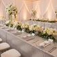 Glitz Sequin Mesh Net Tablecloth  90"x156" Rectangular -  Silver with flower premade runner | clear beaded charger plate | white napkin | wine goblet