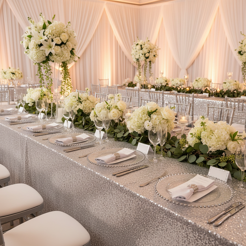 Glitz Sequin Mesh Net Tablecloth  90"x156" Rectangular -  Silver with flower premade runner | clear beaded charger plate | white napkin | wine goblet