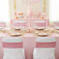 Glitz Sequin Spandex Chair Band - Pink with white spandex chair cover| pink tablecloth| gold charger plate | white dinner plate |wine goblets