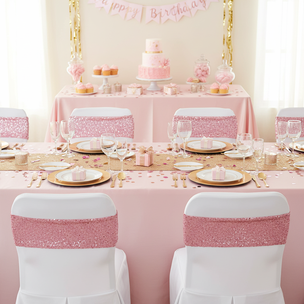 Glitz Sequin Spandex Chair Band - Pink with white spandex chair cover| pink tablecloth| gold charger plate | white dinner plate |wine goblets