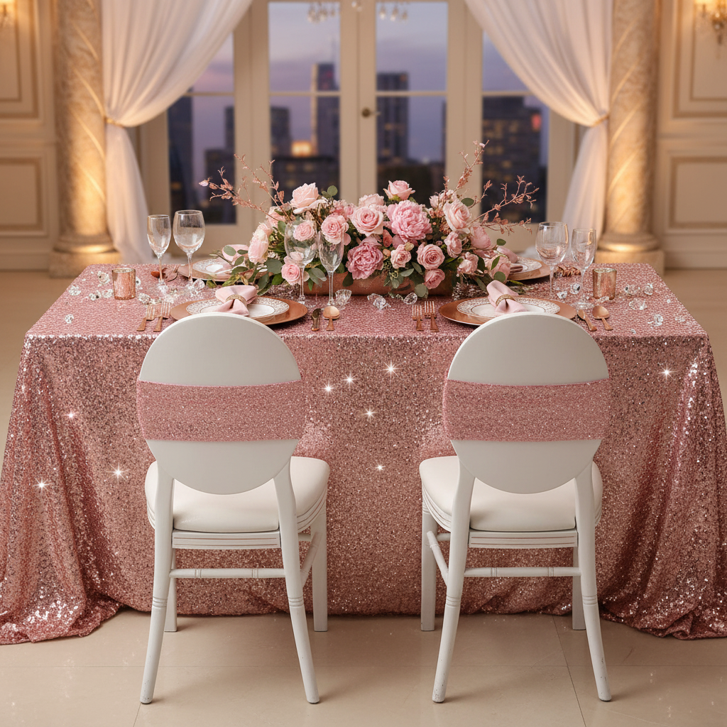 Glitz Sequin Spandex Chair Band - Pink with white spandex chair cover| pink glitz tablecloth| gold charger plate | white dinner plate |wine goblets | premade flower runner in pink