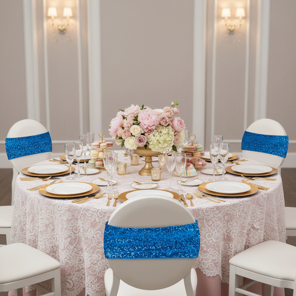 Glitz Sequin Spandex Chair Band - Royal Blue on a banquet chair 