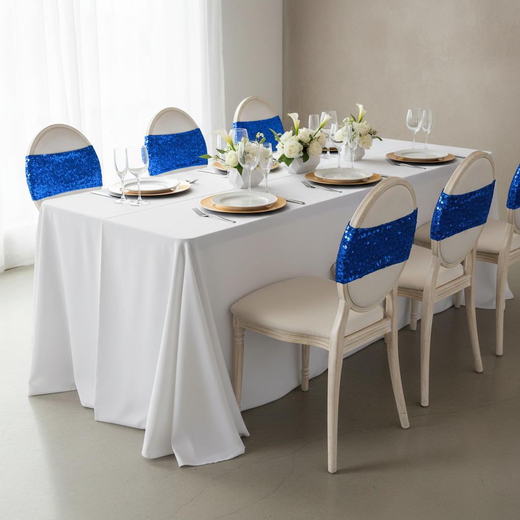 Glitz Sequin Spandex Chair Band - Royal Blue on a banquet chair 