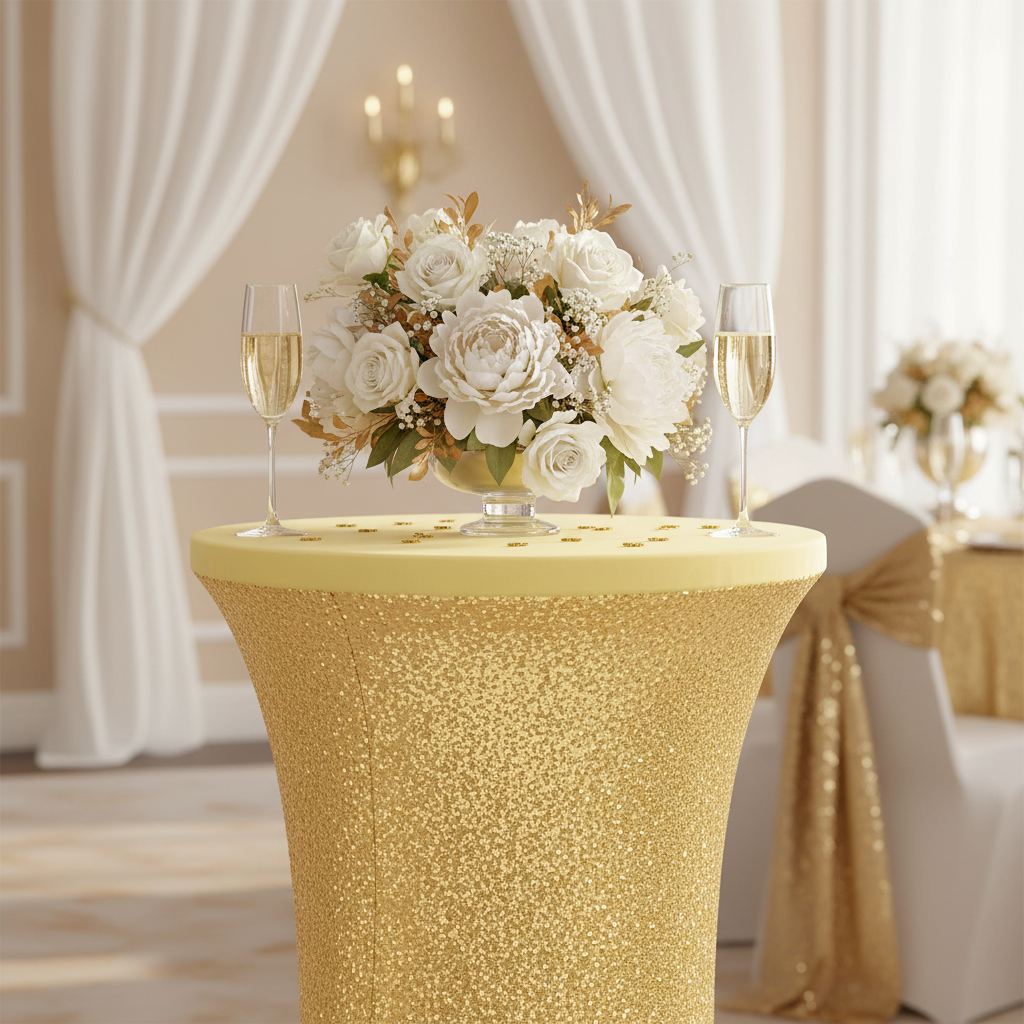 Glitz Sequin Spandex Cocktail Table Cover 30"-32" Round - Gold | wine goblet | flower vase |