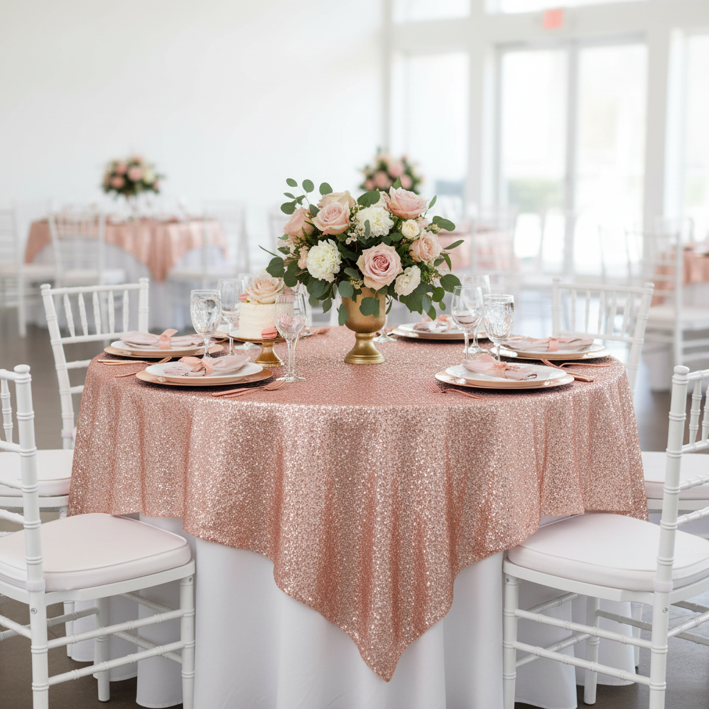 Glitz Sequin Table Overlay Topper 90"x90" Square - Blush/Rose Gold | tablecloth | charger plate | napkine | wine goblet | centerpiece |