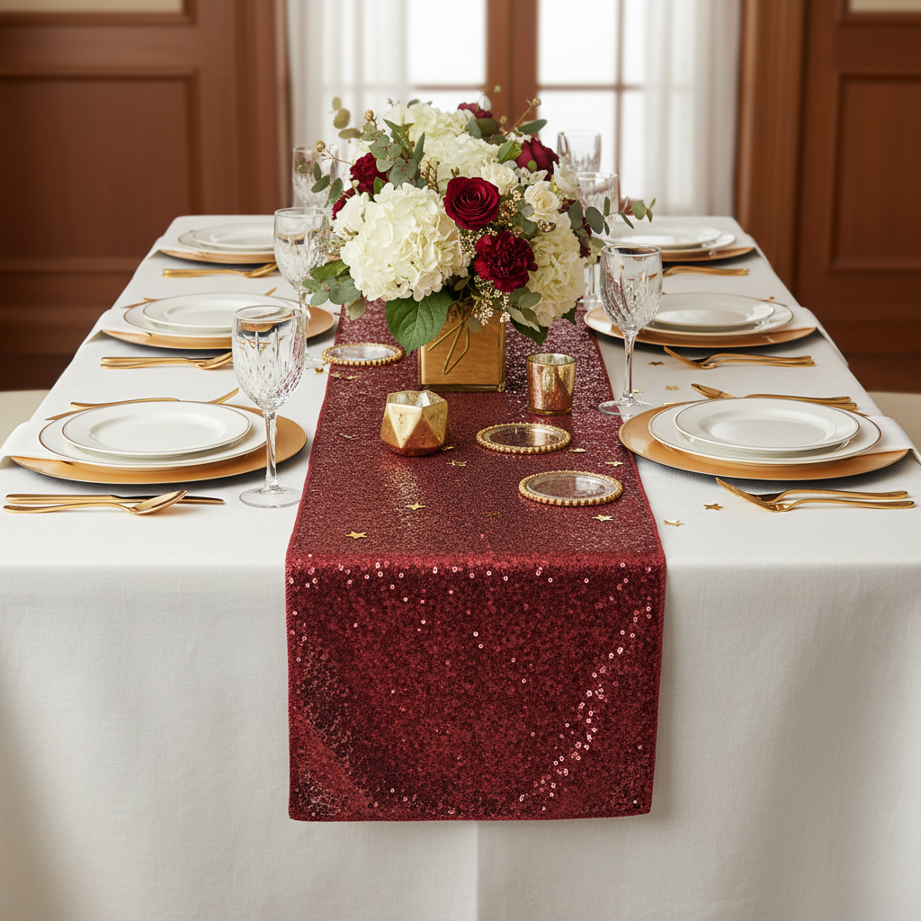 Glitz Sequin Table Runner - Burgundy | tablecloth | charger plate | dinner plate | napkin | wine goblet |
