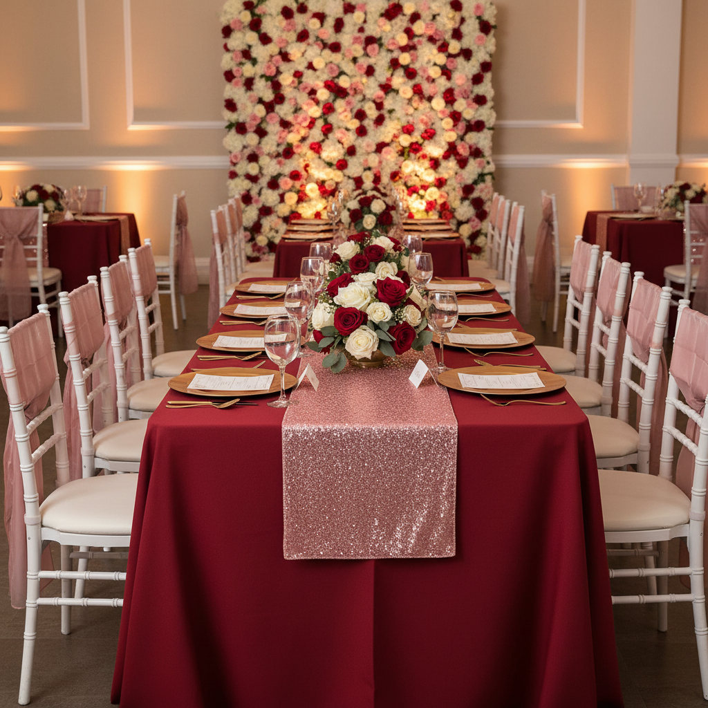 Glitz Sequin Table Runner - Dusty Rose/Mauve | charger plate | napkin | wine goblet