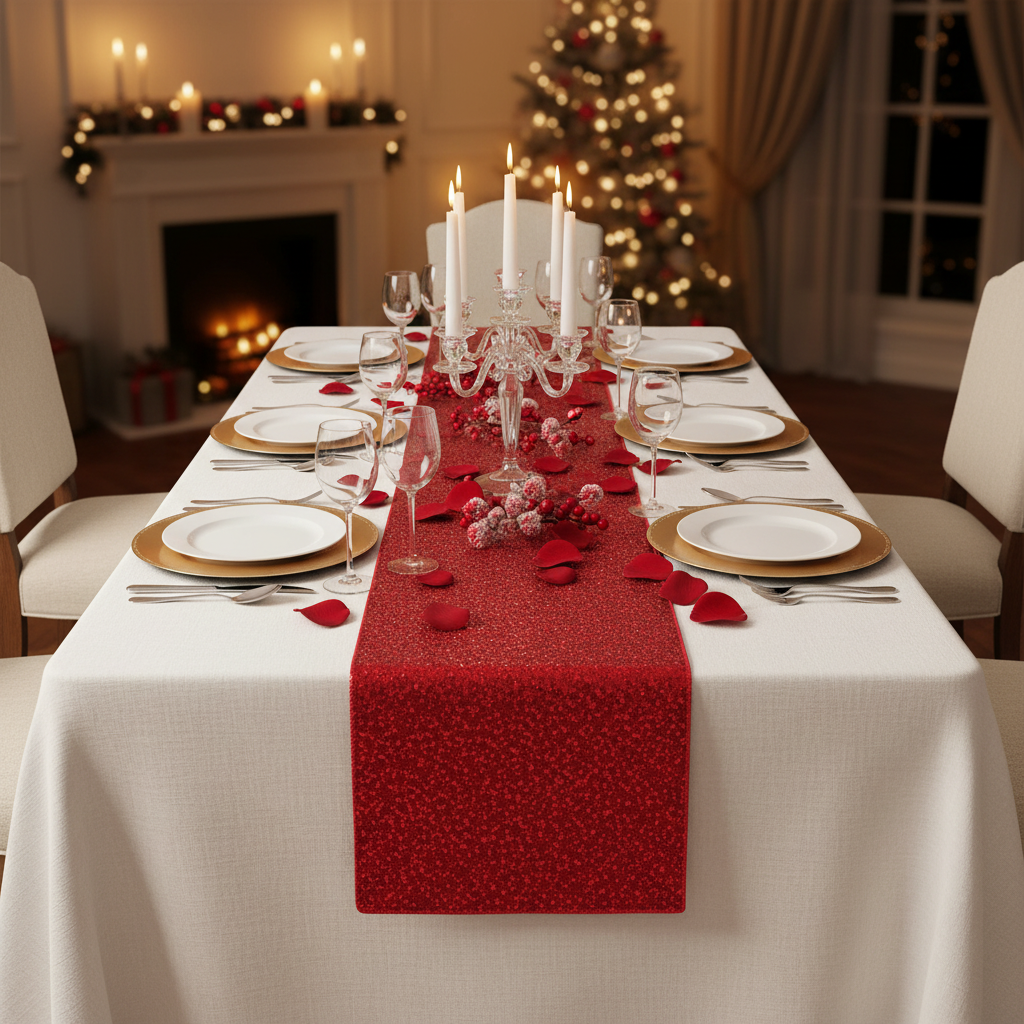 intimate holiday dinner with Glitz Sequin Table Runner - Red