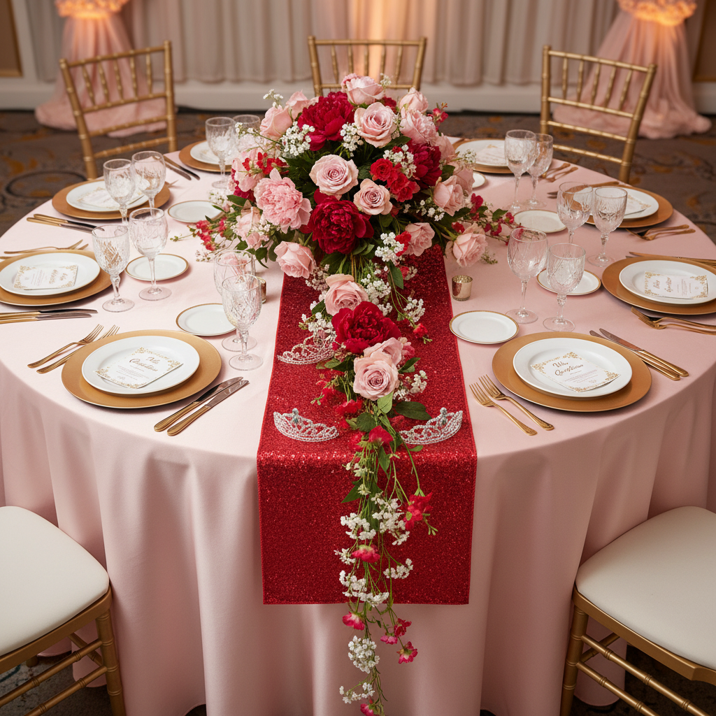 top view detail of Glitz Sequin Table Runner - Red