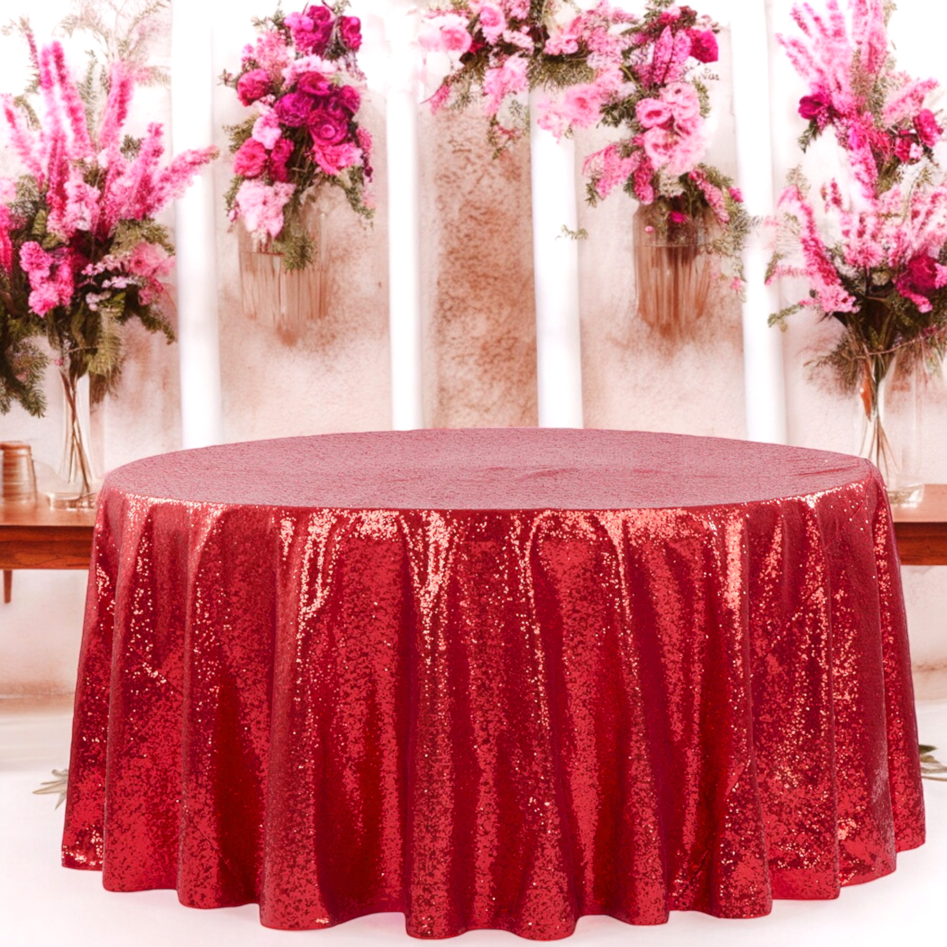 Glitz Sequins 120" Round Tablecloth - Apple Red mock up