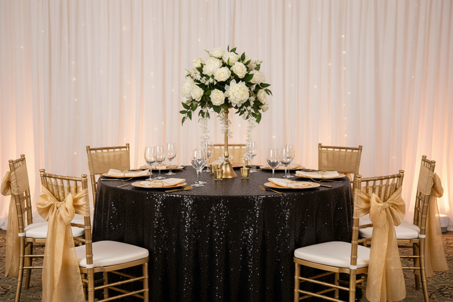 wedding setup using Glitz Sequins 120" Round Tablecloth - Black
