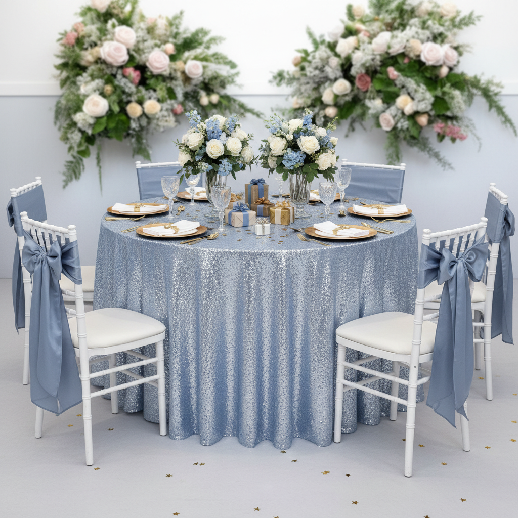 Glitz Sequins 120" Round Tablecloth - Dusty Blue with gold charger plate | white napkin | wine goblets | flower centerpiece