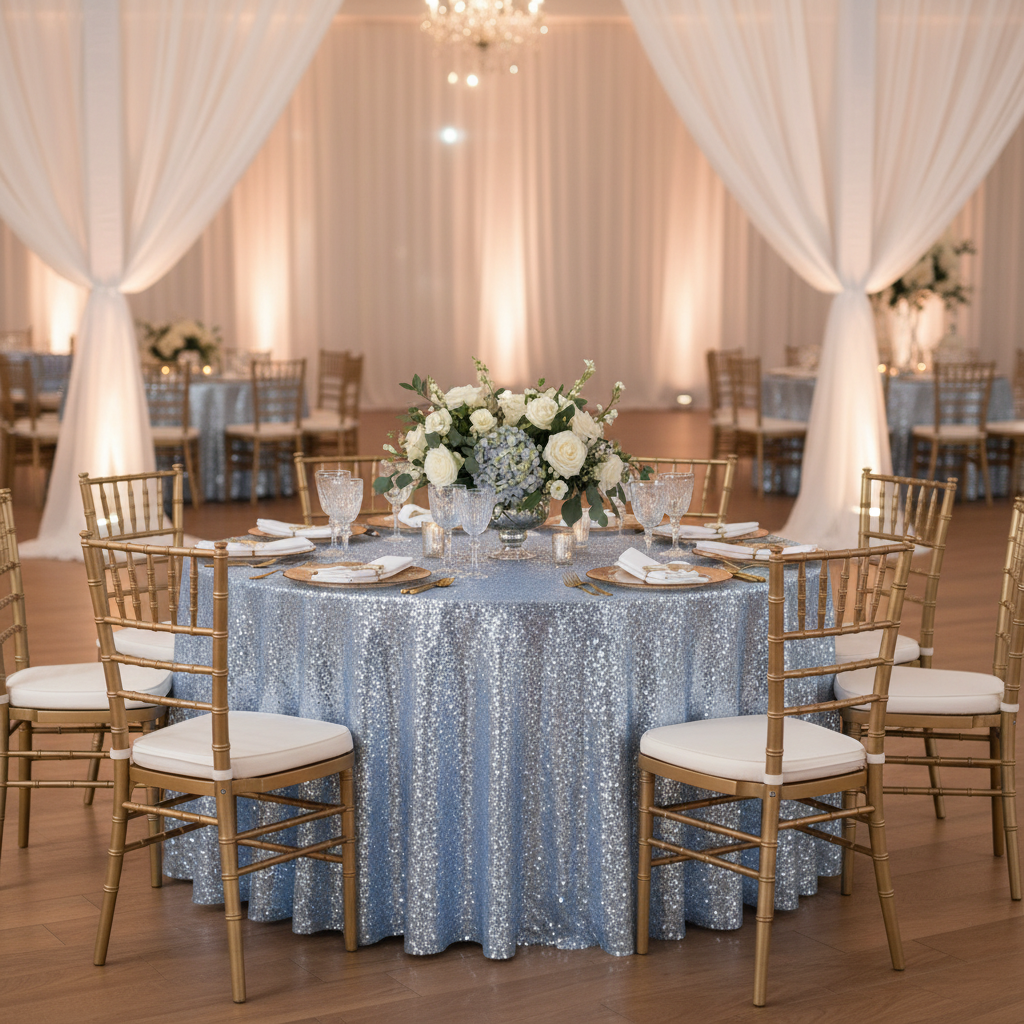 Glitz Sequins 120" Round Tablecloth - Dusty Blue with gold charger plate | white napkin | wine goblets | flower centerpiece