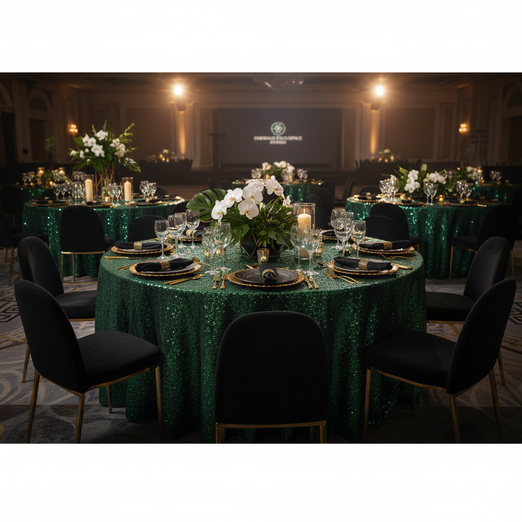 corporate awards dinner with Glitz Sequins 120" Round Tablecloth - Emerald Green