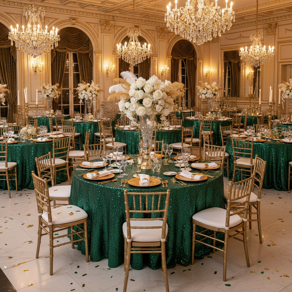 new years eve celebration with Glitz Sequins 120" Round Tablecloth - Emerald Green