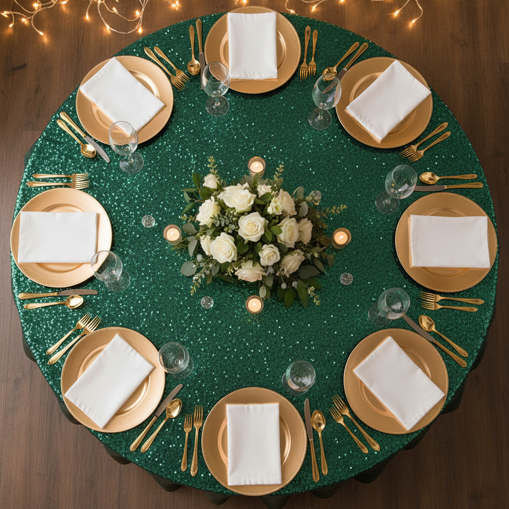top view wedding table setting with Glitz Sequins 120" Round Tablecloth - Emerald Green