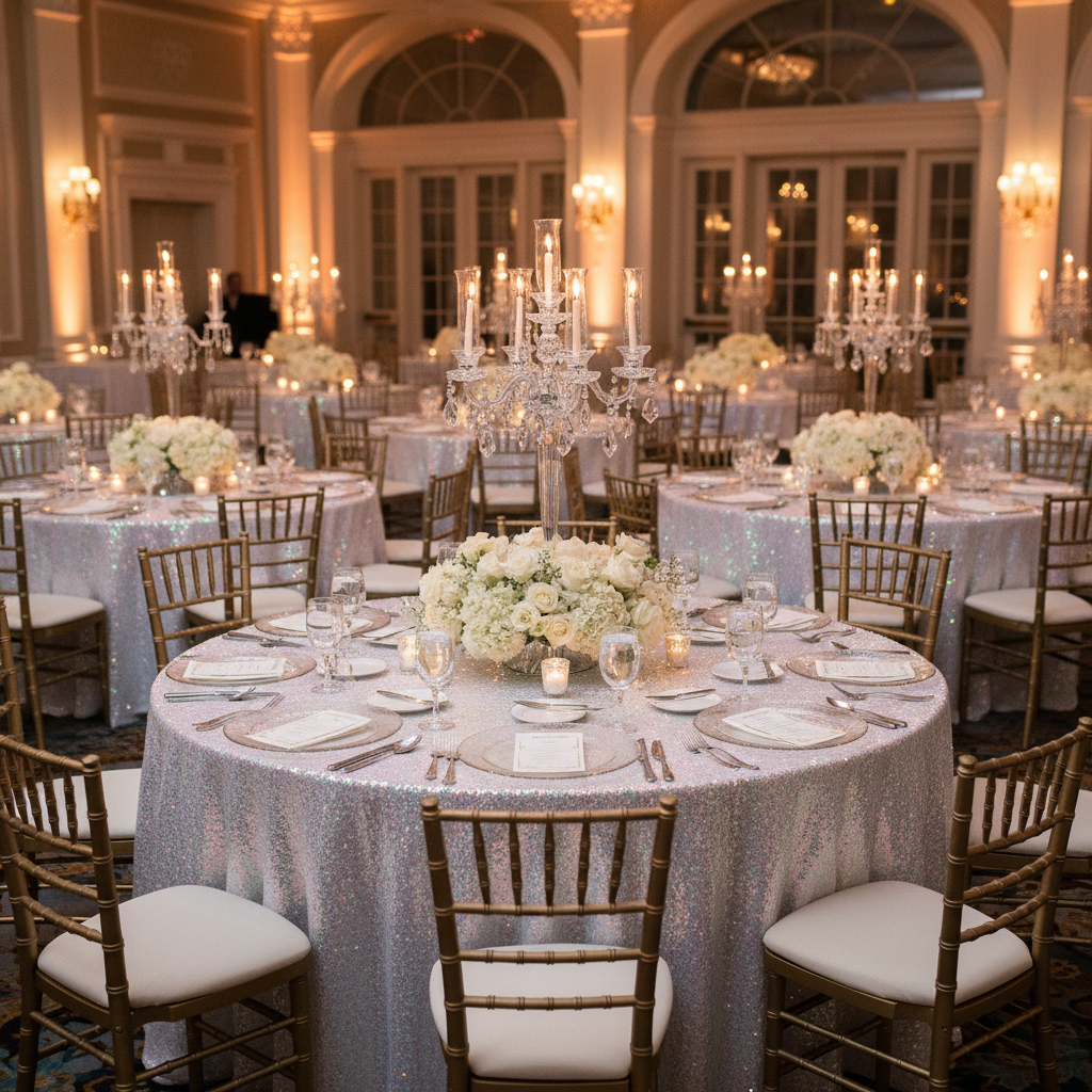 wedding reception with Glitz Sequins 120" Round Tablecloth - Iridescent White