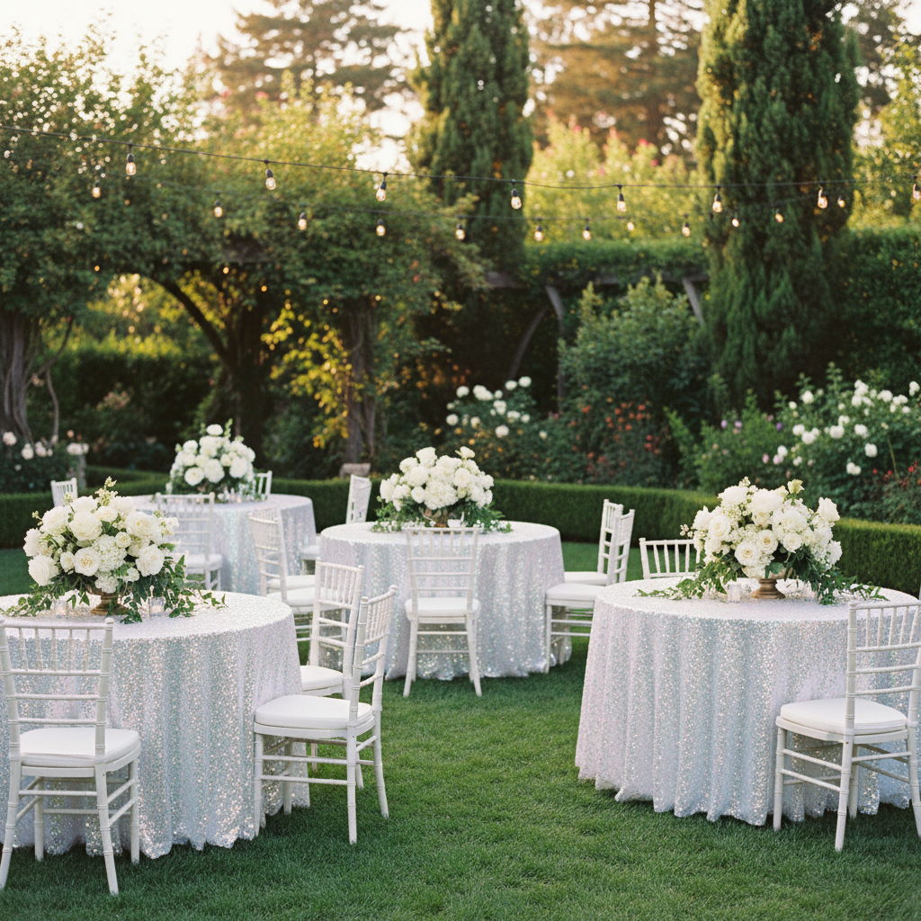 outdoor gardern wedding reception with Glitz Sequins 120" Round Tablecloth - Iridescent White