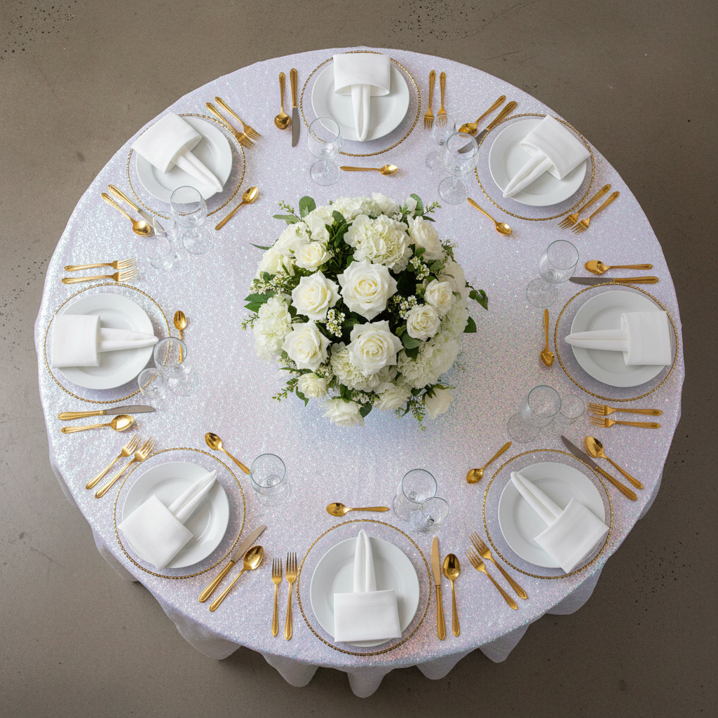top view of Glitz Sequins 120" Round Tablecloth - Iridescent White