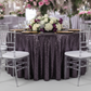 Glitz Sequins 132" Round Tablecloth - Eggplant/Plum with gold charger plate | wine goblets | flower centerpiece 