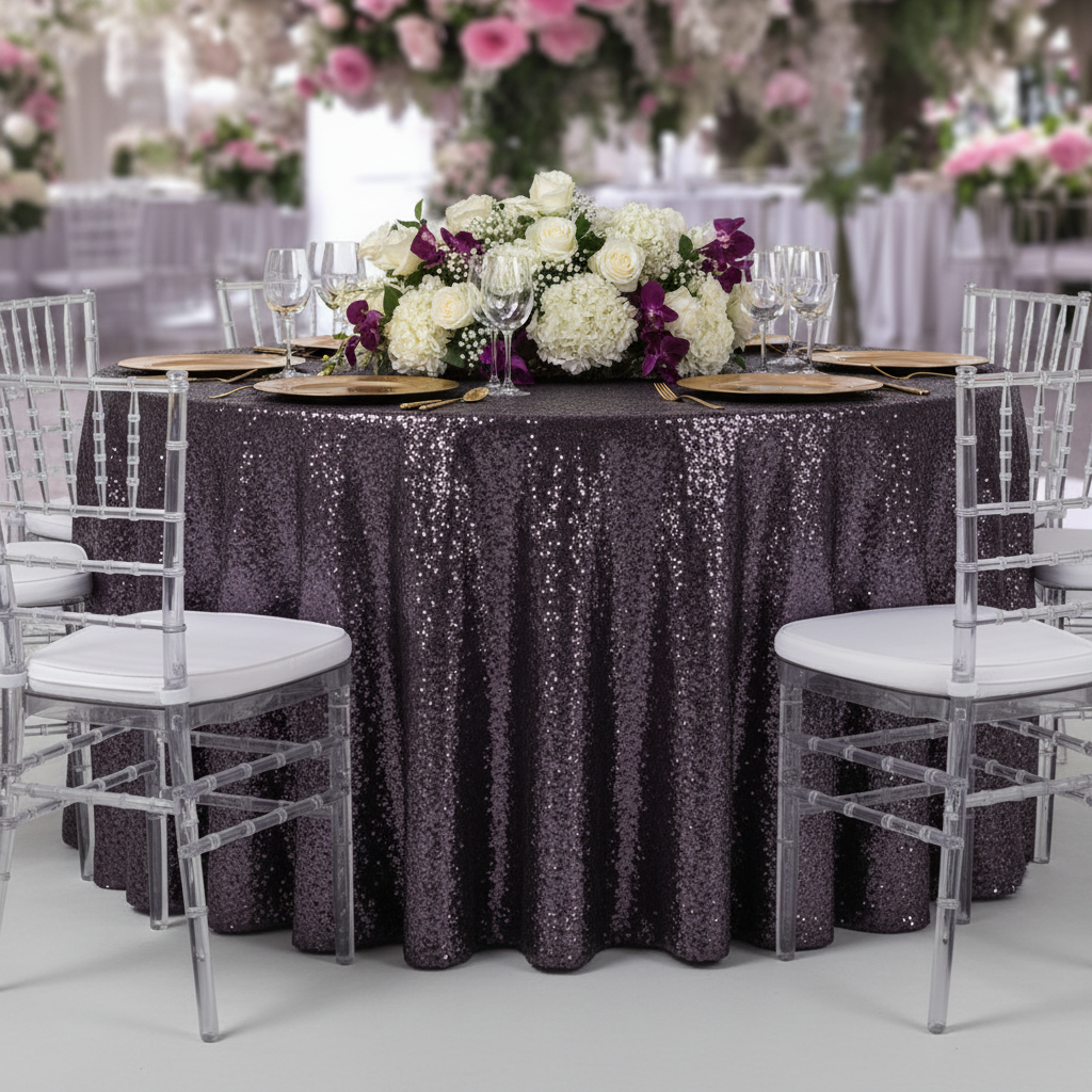 Glitz Sequins 132" Round Tablecloth - Eggplant/Plum with gold charger plate | wine goblets | flower centerpiece 