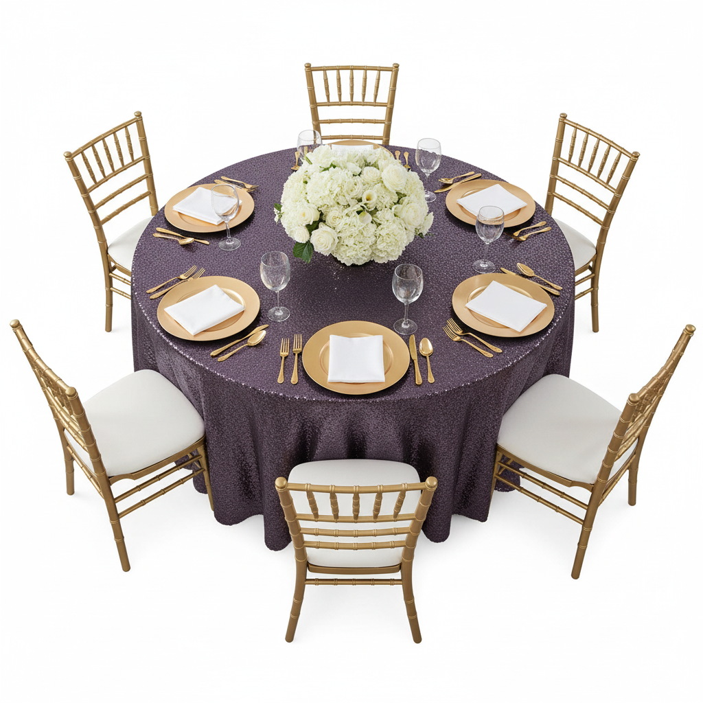 Glitz Sequins 132" Round Tablecloth - Eggplant/Plum with gold charger plate | wine goblets | flower centerpiece | white napkin | gold chiavari chair
