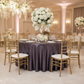 Glitz Sequins 132" Round Tablecloth - Eggplant/Plum with clear charger plate | wine goblets | flower centerpiece | white napkin | gold chiavari chair