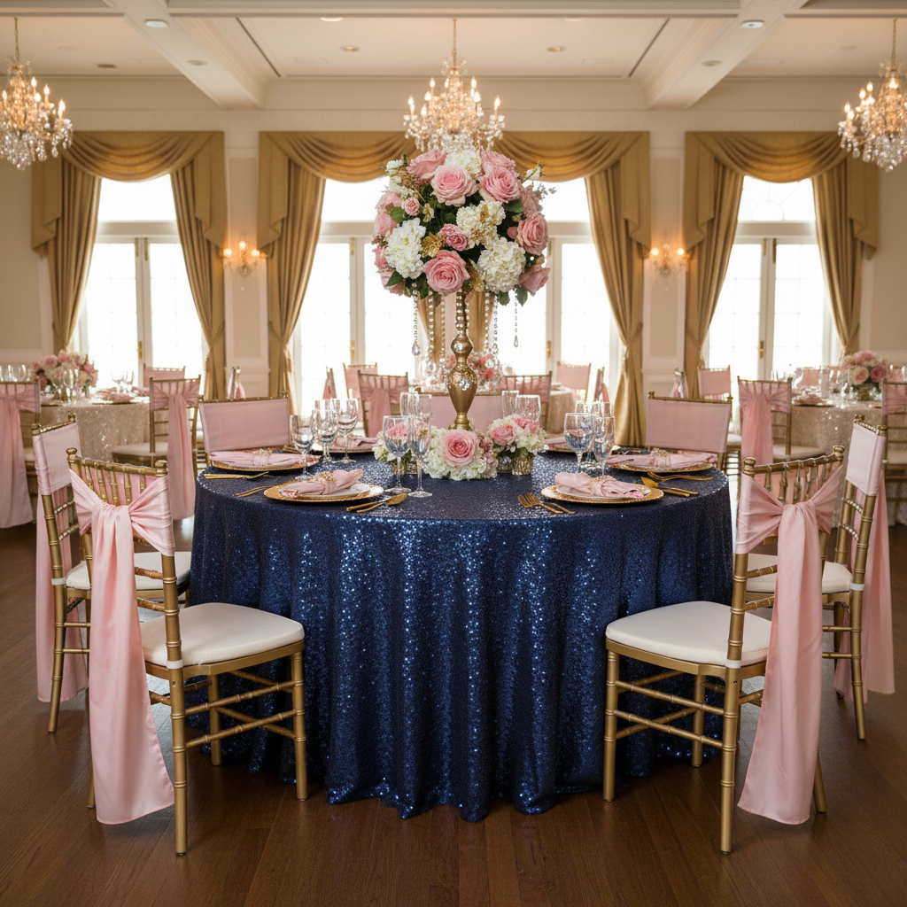 Glitz Sequins 132" Round Tablecloth - Navy Blue (New Tone)