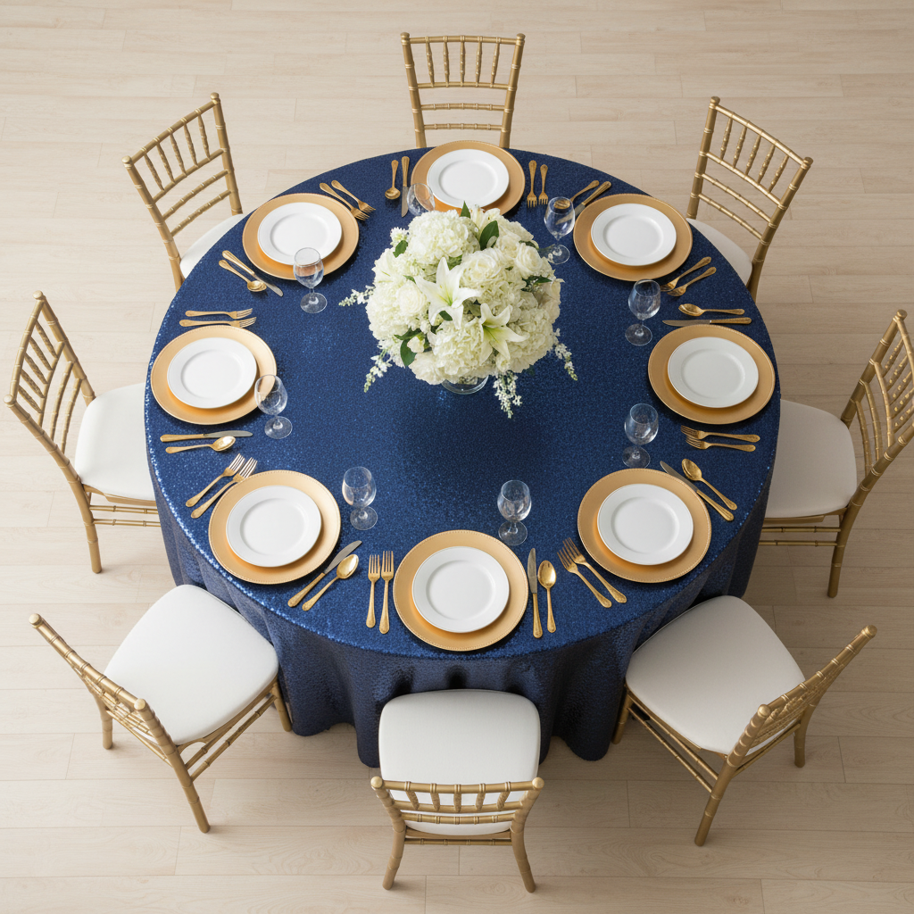 Glitz Sequins 132" Round Tablecloth - Navy Blue (New Tone)