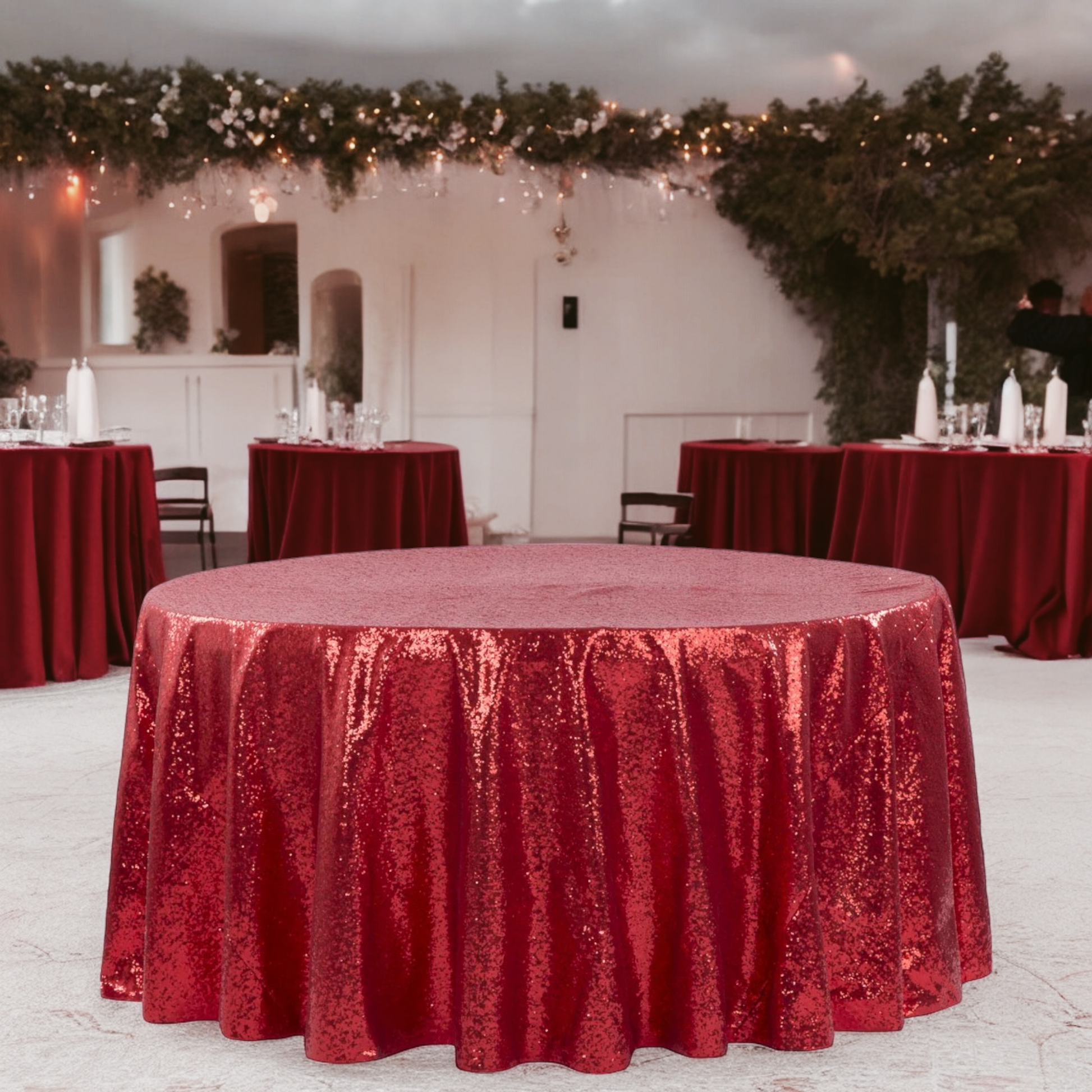 birthday setup with Glitz Sequins 132" Round Tablecloth - Red
