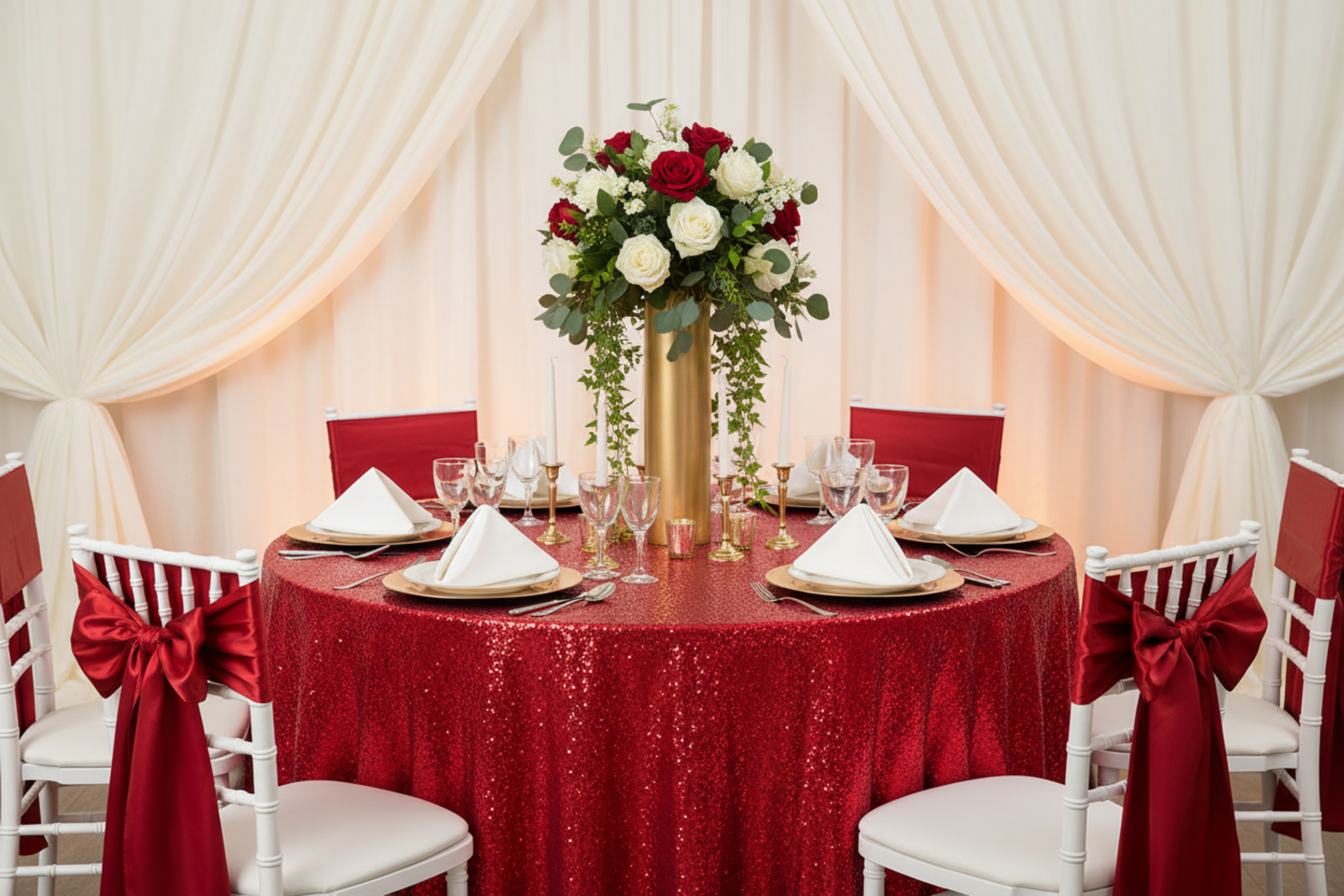 wedding reception with Glitz Sequins 132" Round Tablecloth - Red
