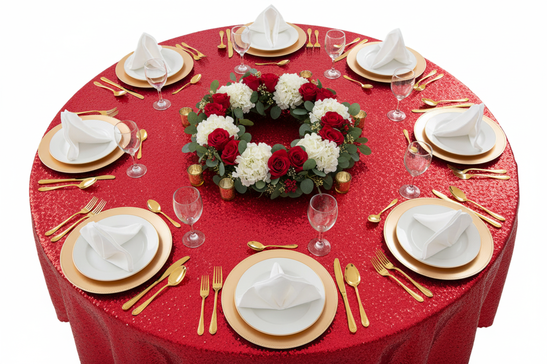 top view using Glitz Sequins 132" Round Tablecloth - Red

