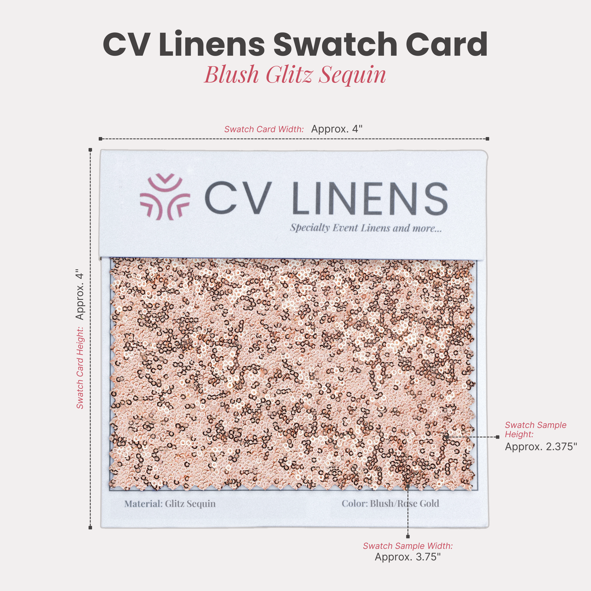 Glitz Swatch Card Blush/Rose Gold infographic showing swatch size