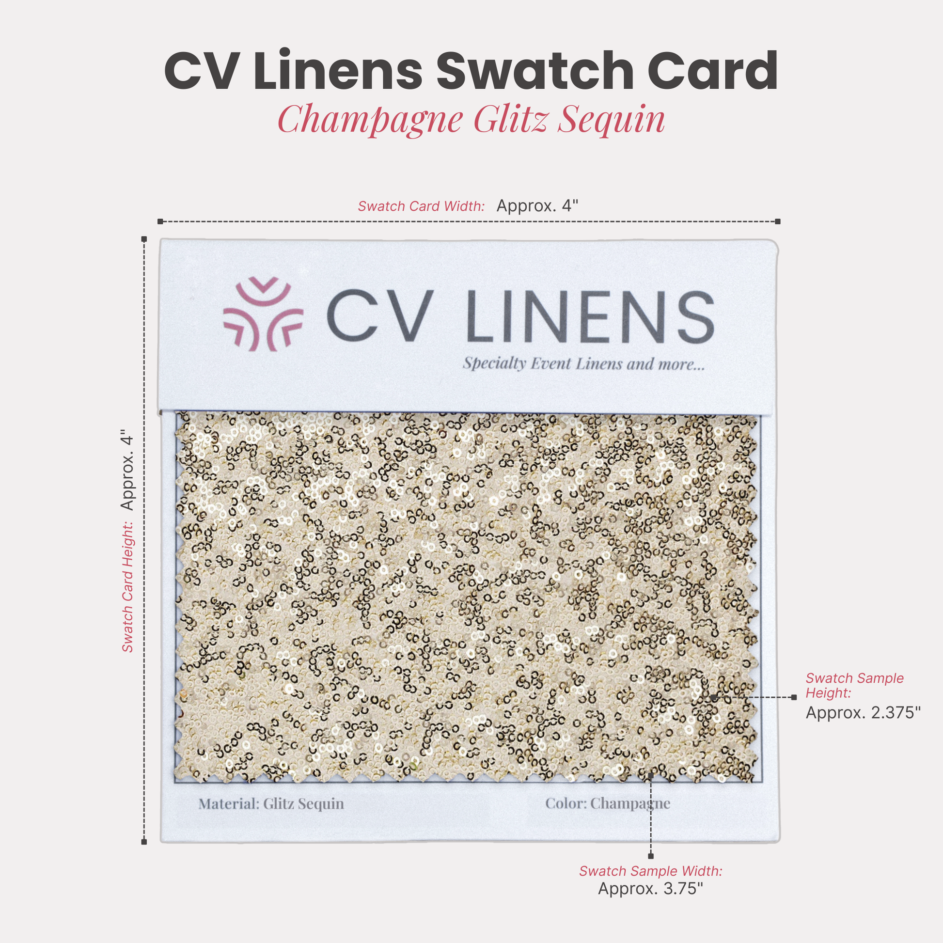 Glitz Swatch Card Champagne infographic showing swatch size