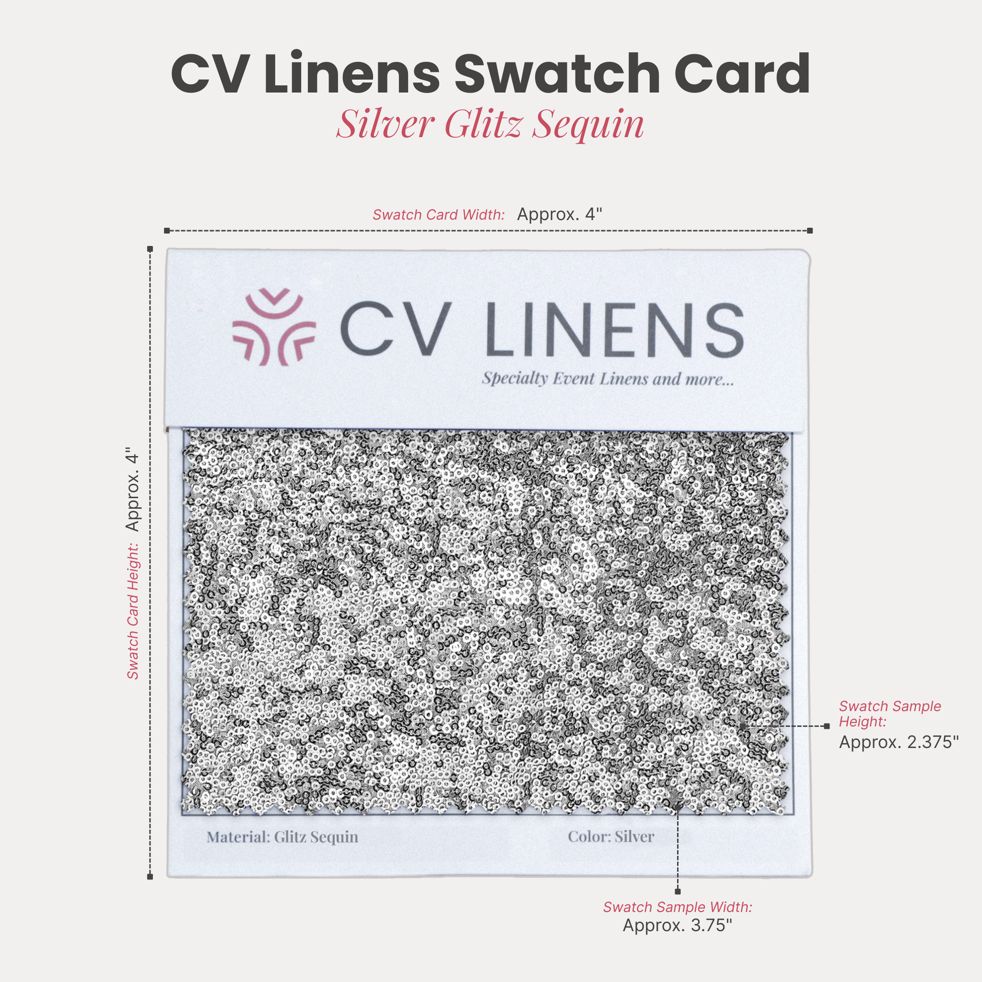 Glitz Swatch Card Silver infographic showing swatch size