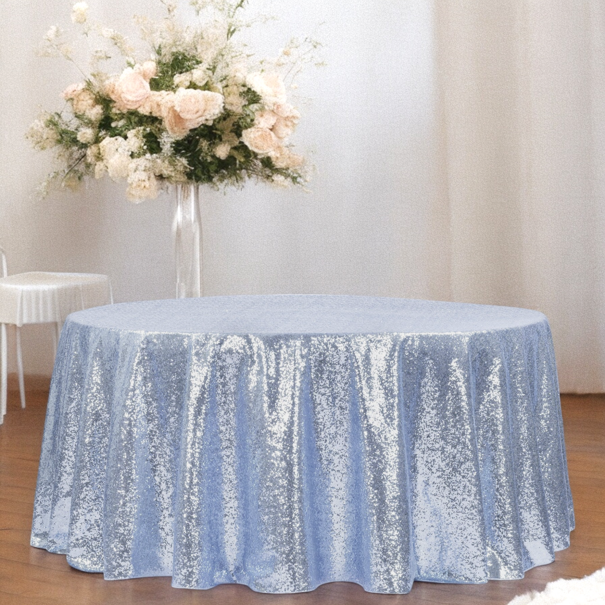 Glitz Sequins 132" Round Tablecloth - Dusty Blue