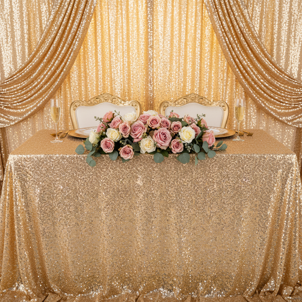 Glitz Sequin Mesh Net Fabric Roll Bolt 54"x10 yards - Gold used as diy backdrop swag for wedding reception