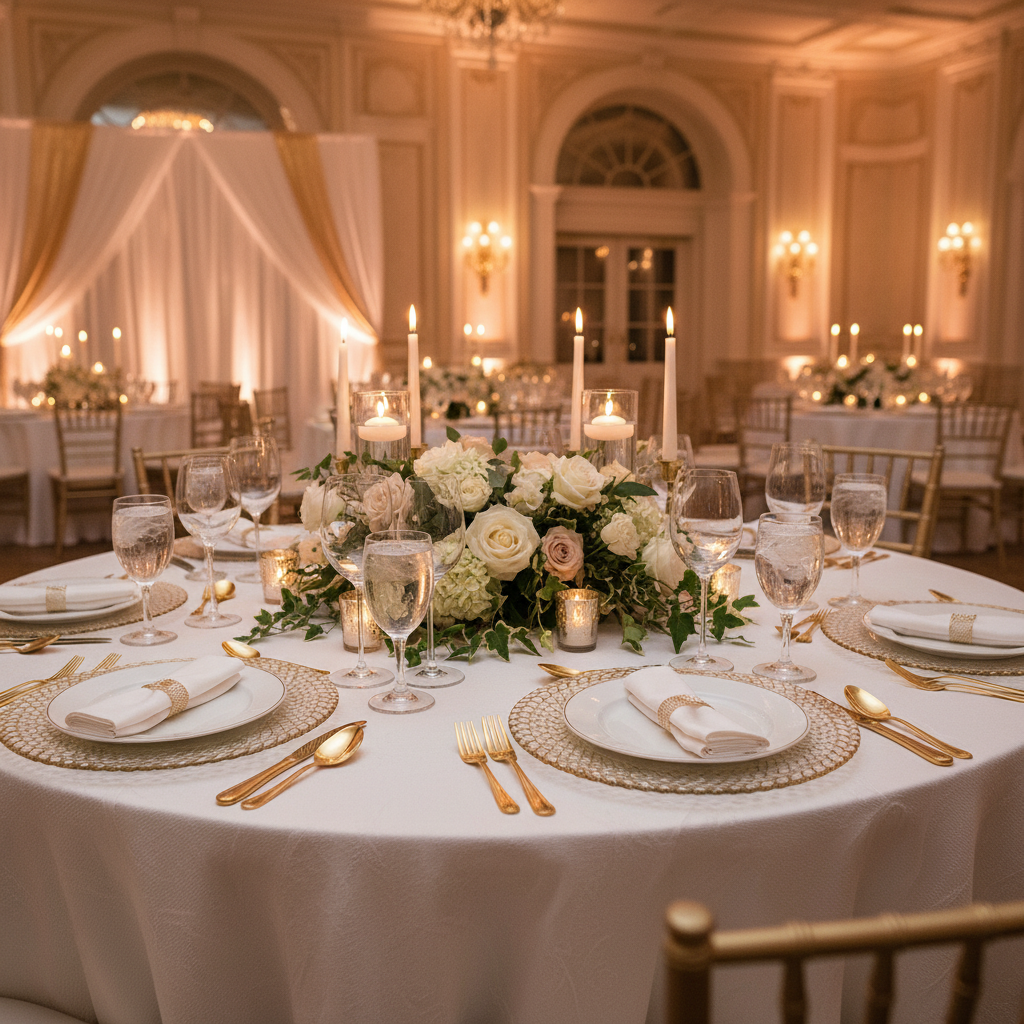 indoor wedding reception with Gold Braided Rim Glass Charger Plate