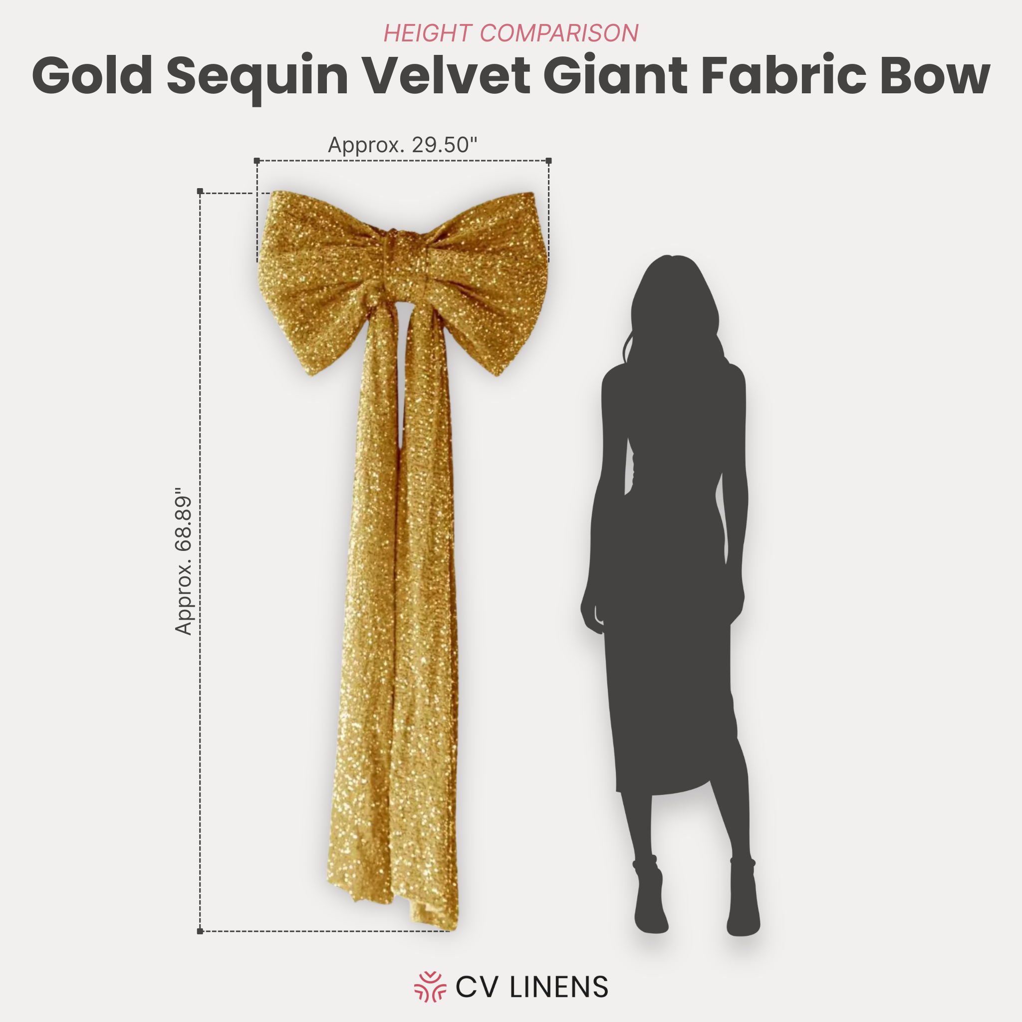 Sequin Velvet Giant Fabric Bow for Backdrop Gold infographic showing height comparison

