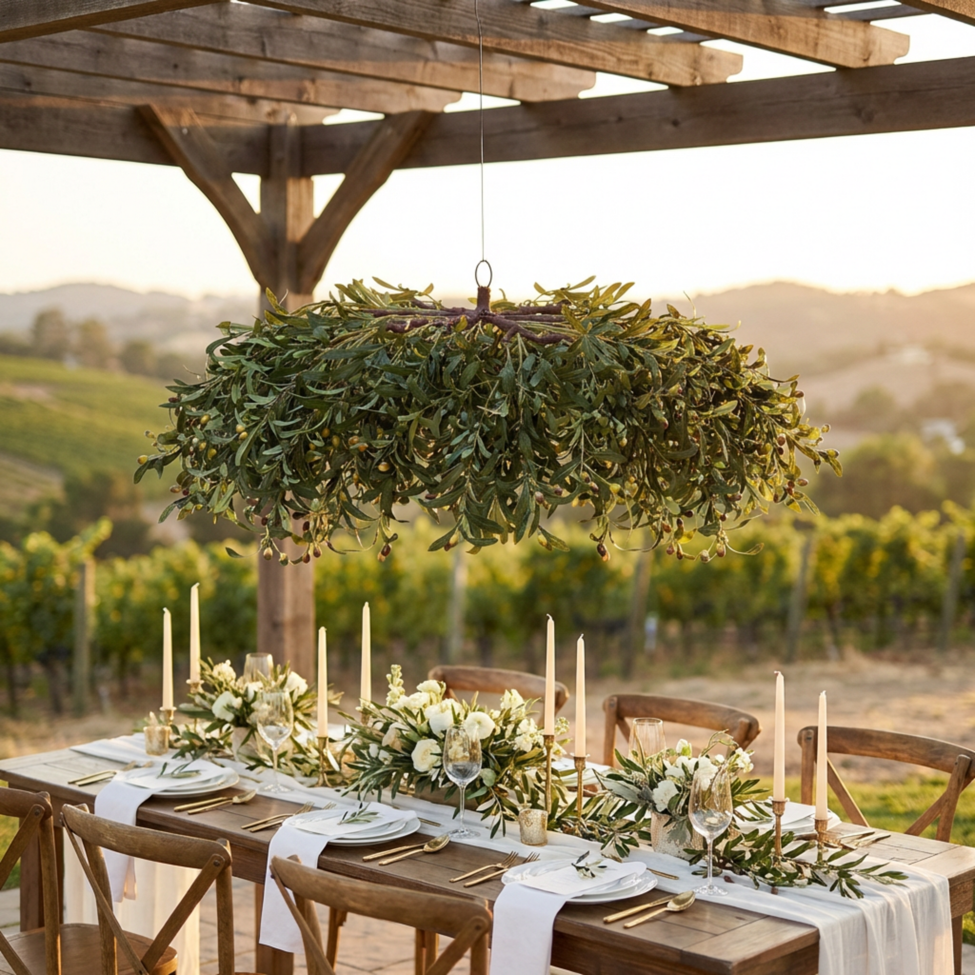 Hanging Greenery Leaf Ceiling Canopy outdoor hanging above dinner table set up