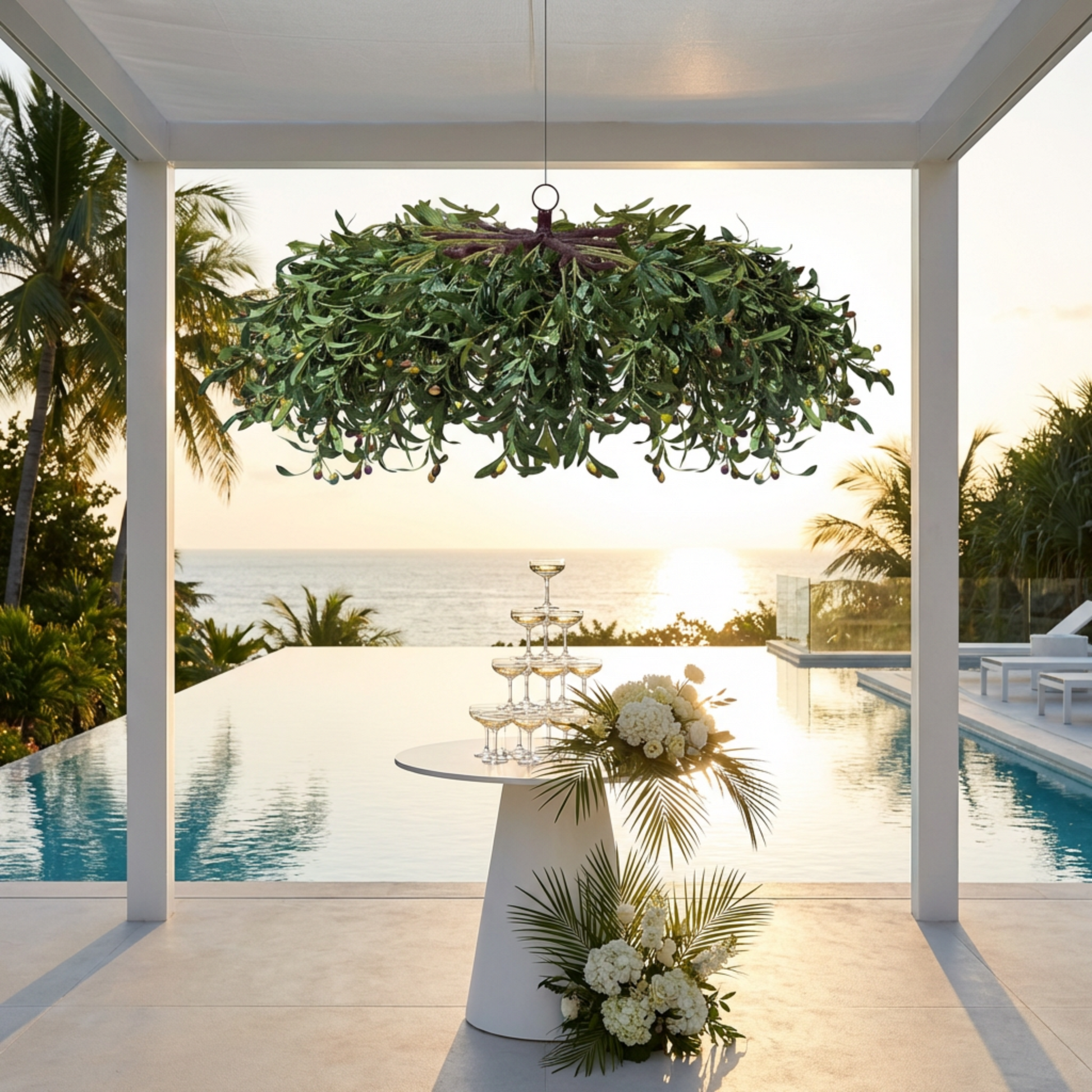 Hanging Greenery Leaf Ceiling Canopy poolside hanging over a champagne glass tower