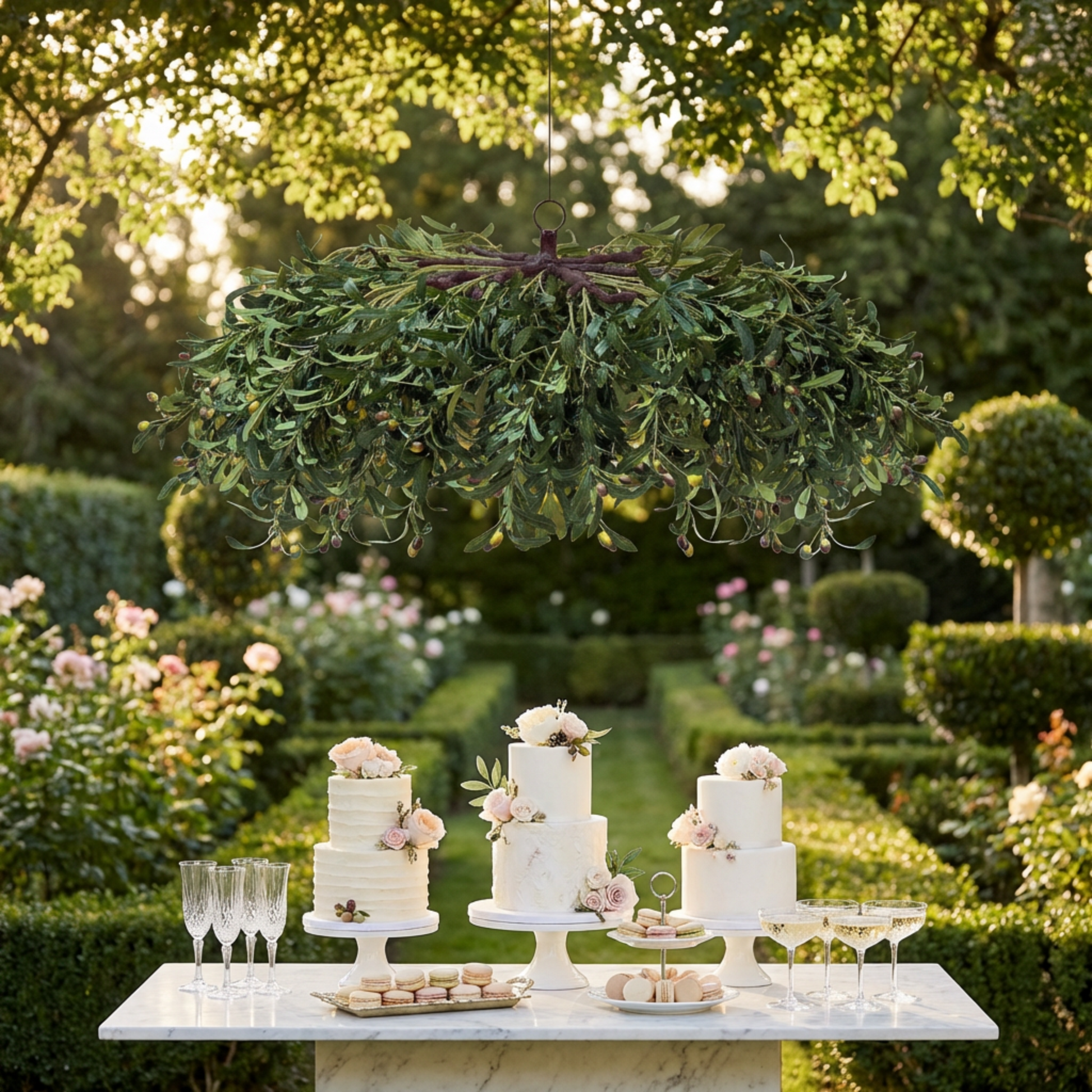 Hanging Greenery Leaf Ceiling Canopy outdoor hanging above wedding dessert table