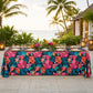 Hawaiian Tahiti Floral Scuba Rectangular Tablecloth wedding table with rattan placemats and tropical floral centerpiece
