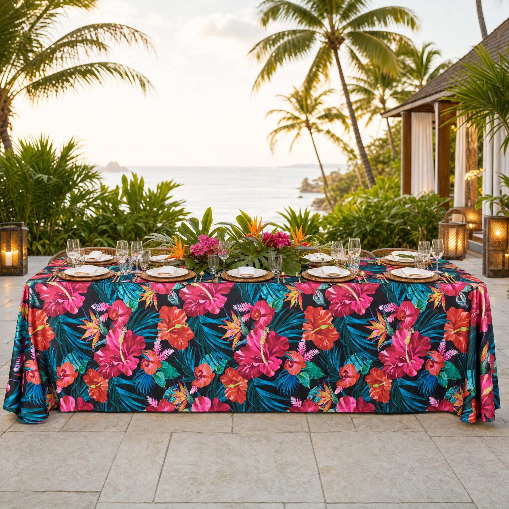 Hawaiian Tahiti Floral Scuba Rectangular Tablecloth wedding table with rattan placemats and tropical floral centerpiece
