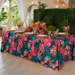 Hawaiian Tahiti Floral Scuba Rectangular Tablecloth wedding table with rattan placemats and tropical floral centerpiece
