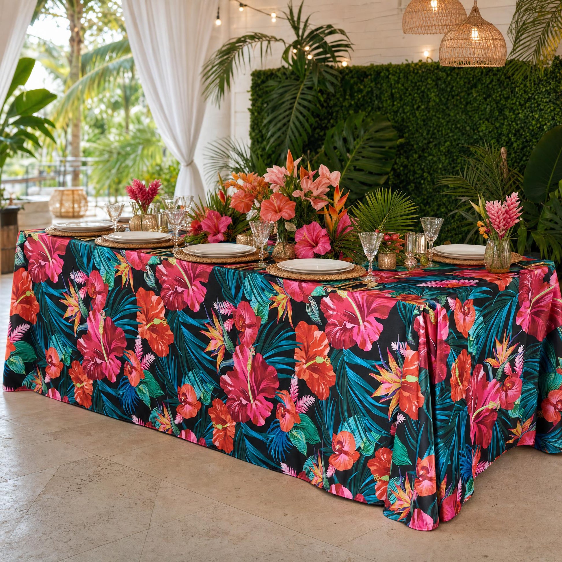 Hawaiian Tahiti Floral Scuba Rectangular Tablecloth wedding table with rattan placemats and tropical floral centerpiece
