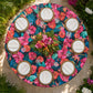 birdseye view Hawaiian Tahiti Floral Scuba Round Tablecloth outdoor wedding setting with rattan placemats and tropical cloral centerpiece