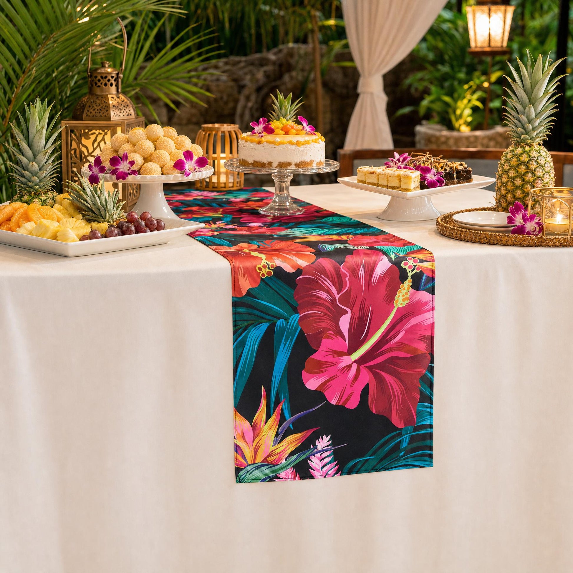Hawaiian Tahiti Floral Scuba Table Runner on a rectangular dessert table