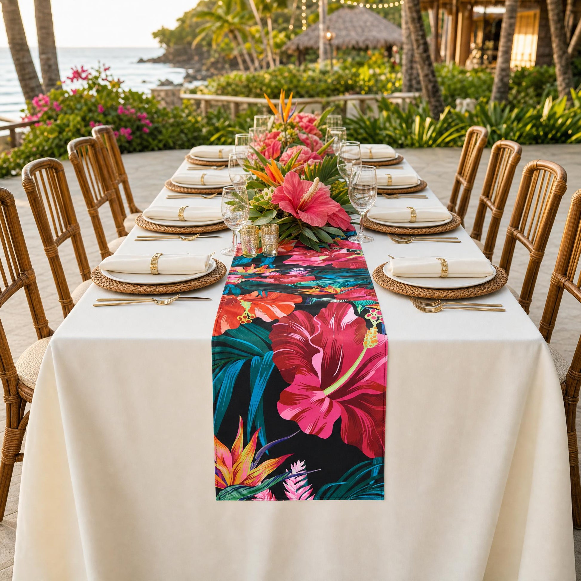 Hawaiian Tahiti Floral Scuba Table Runner on a rectangular table with rattan placemats and tropical floral centerpiece
